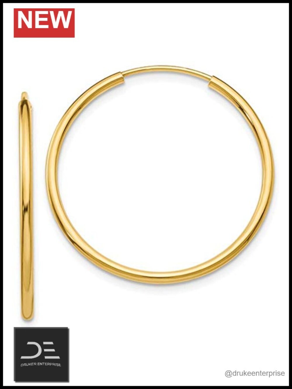 14K Yellow Gold Endless Hoop Earrings, 28mm 1.5mm Thin Tube